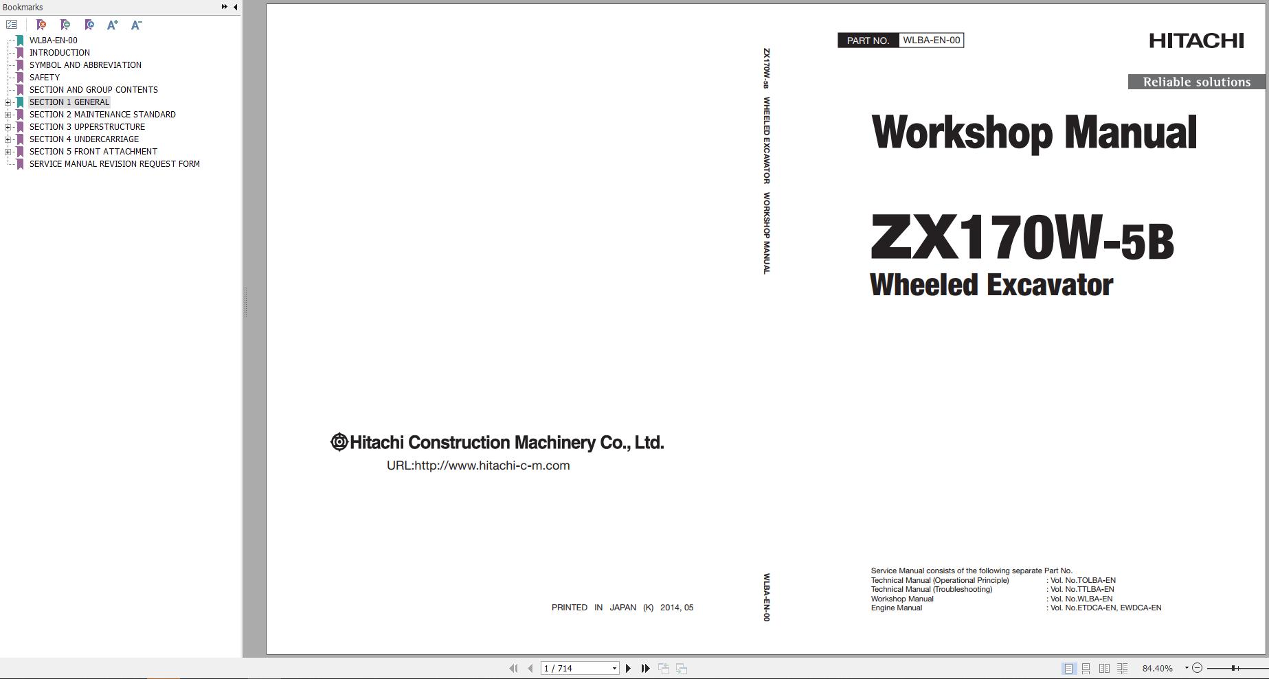 Hitachi Wheeled Excavator ZX170W 5B Wordshop Manual