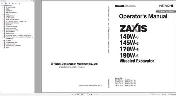 Hitachi Wheeled Excavator ZX170W 6 Operators Manual ENMLAB EN1 5