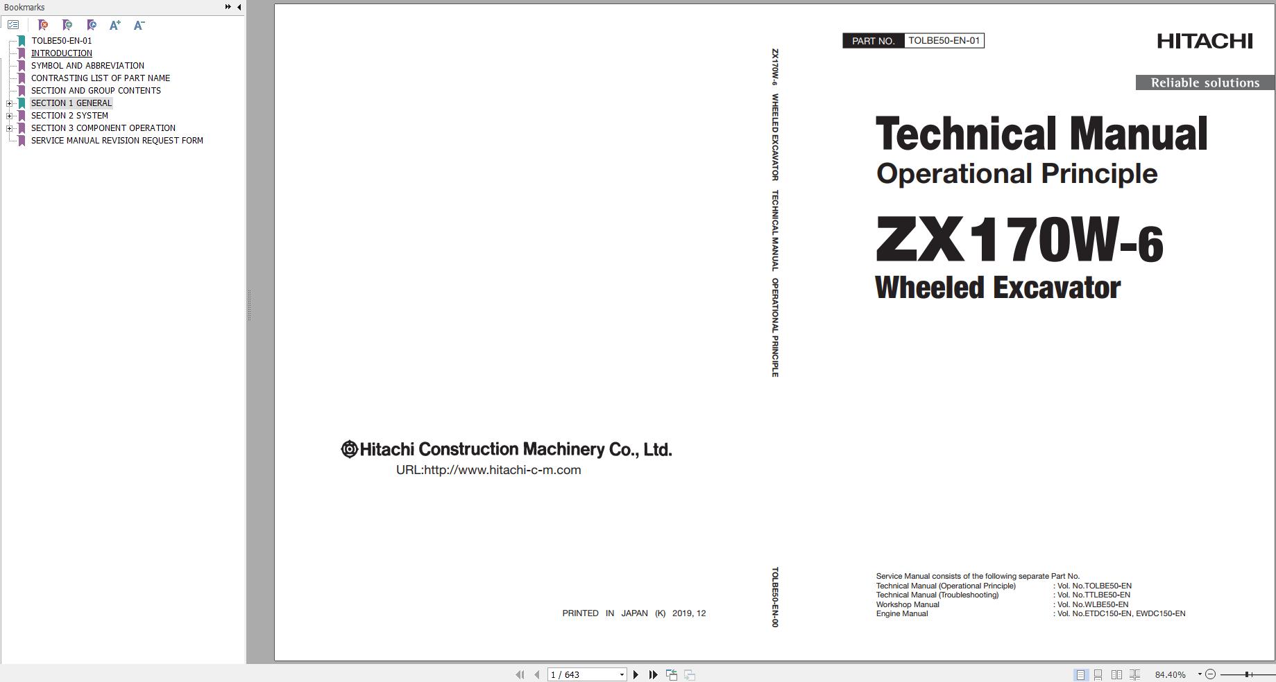 Hitachi Wheeled Excavator ZX170W 6 Technical Manual