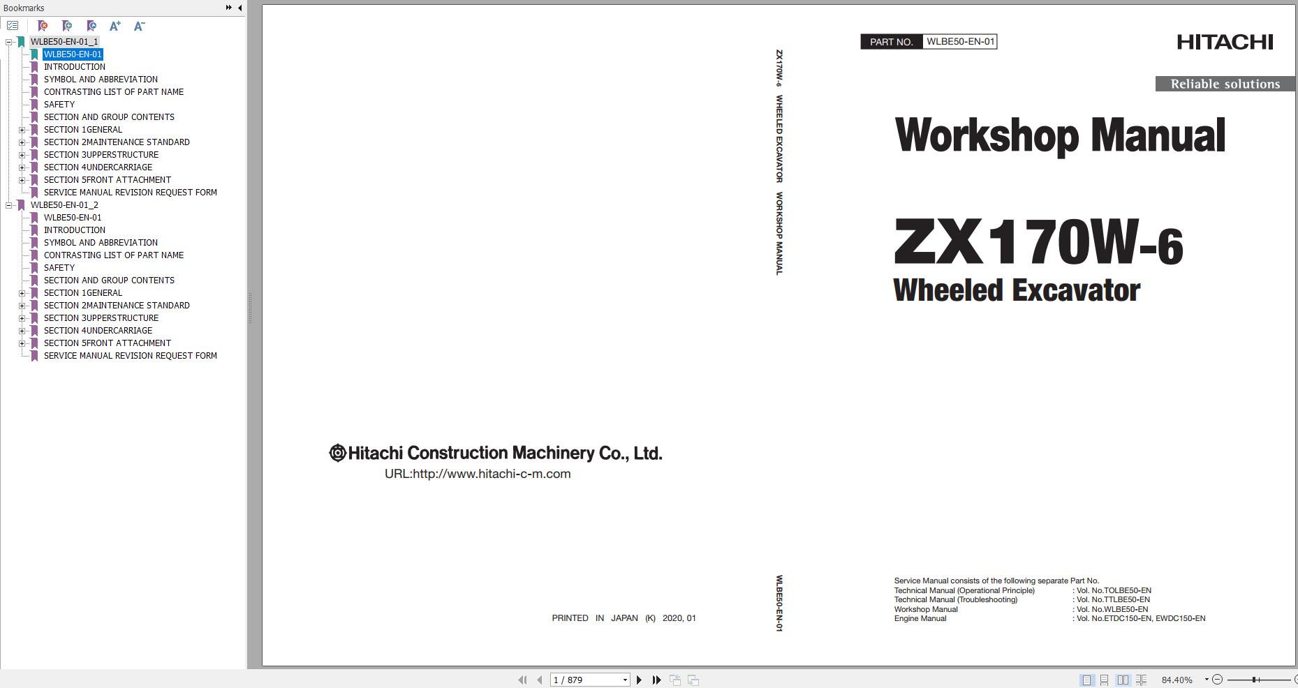 Hitachi Wheeled Excavator ZX170W 6 Workshop Manual WLBE50 EN 01