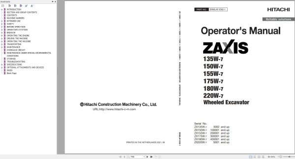 Hitachi Wheeled Excavator ZX180W 7 Operators Manual ENMLAF EN2 1