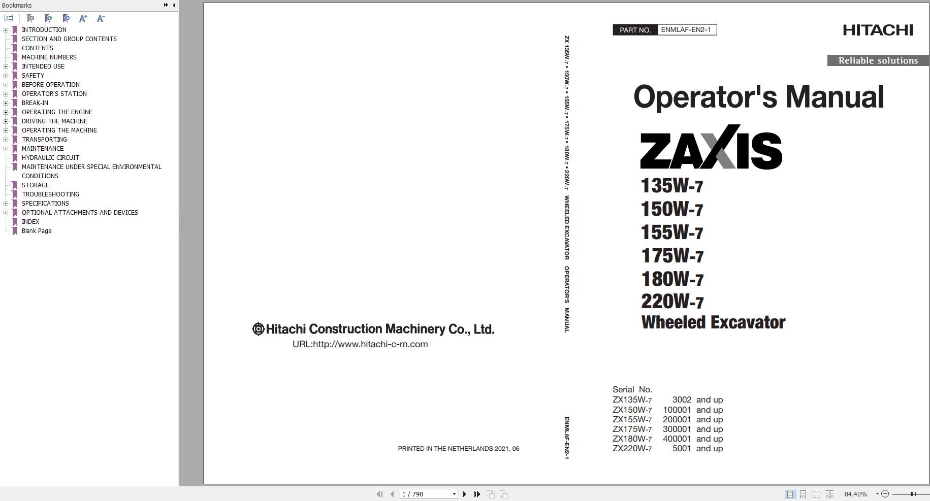 Hitachi Wheeled Excavator ZX180W 7 Operators Manual ENMLAF EN2 1