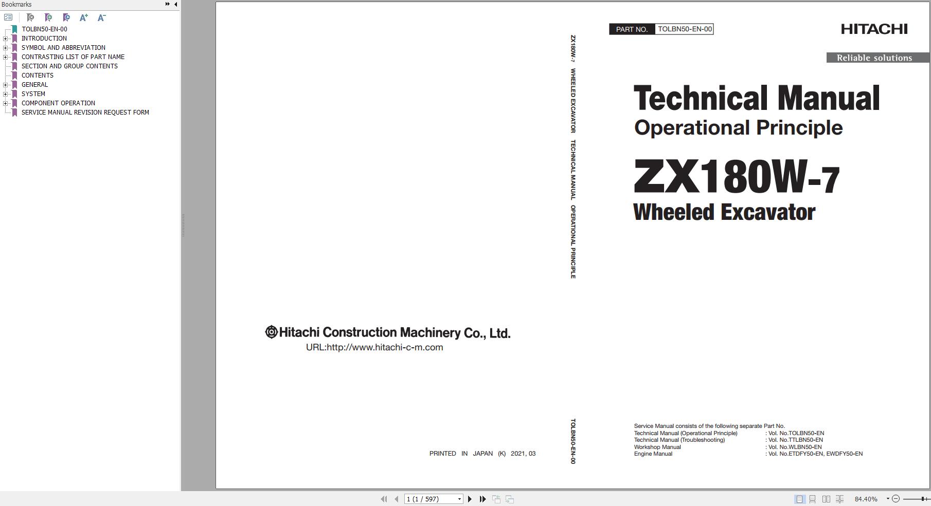 Hitachi Wheeled Excavator ZX180W 7 Technical Manual