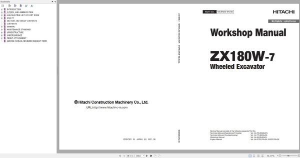 Hitachi Wheeled Excavator ZX180W 7 Workshop Manual