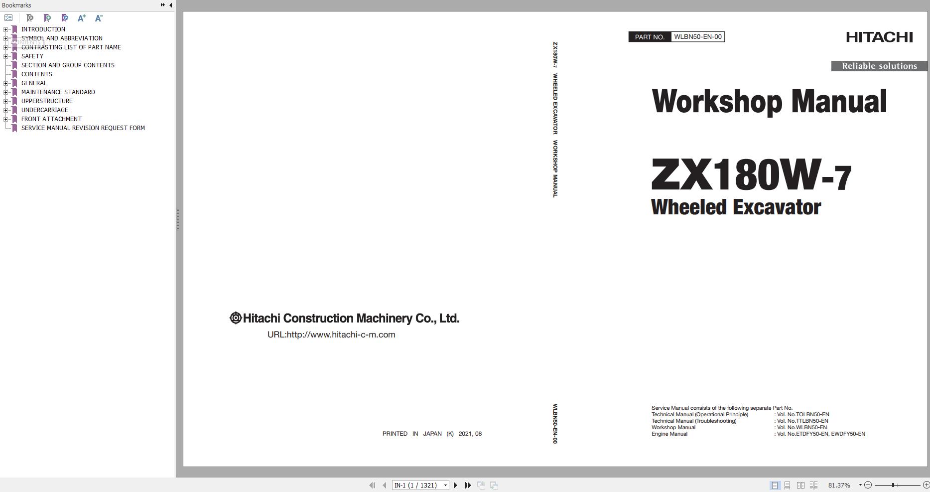 Hitachi Wheeled Excavator ZX180W 7 Workshop Manual