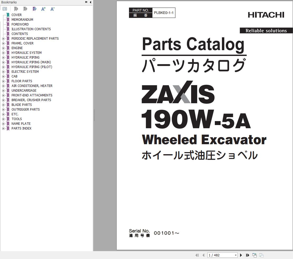 Hitachi Wheeled Excavator ZX190W 5A Parts Catalog EN JP