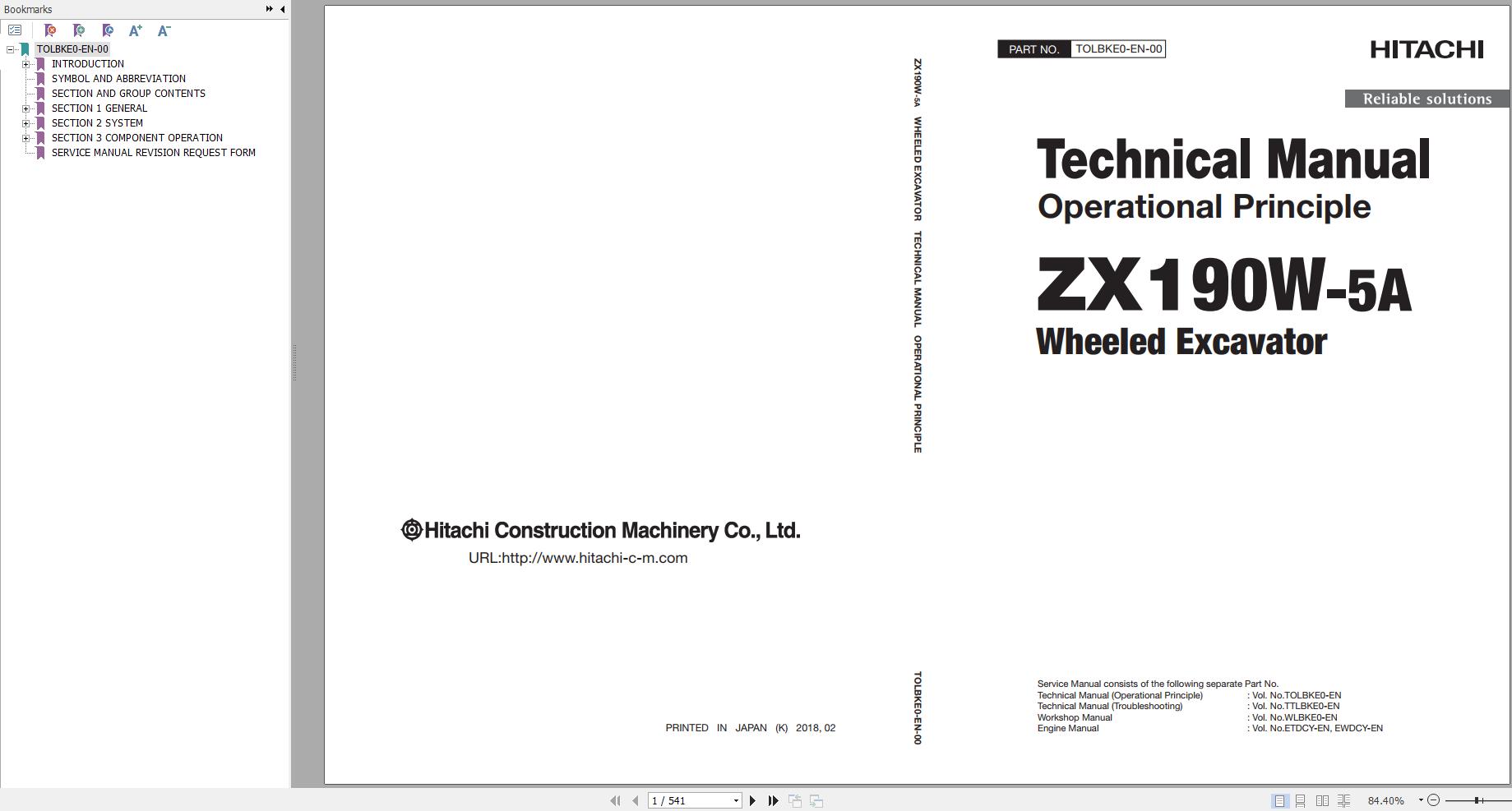 Hitachi Wheeled Excavator ZX190W 5A Technical Manual