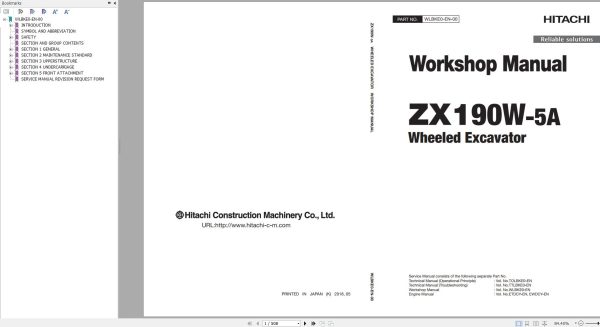 Hitachi Wheeled Excavator ZX190W 5A Workshop Manual