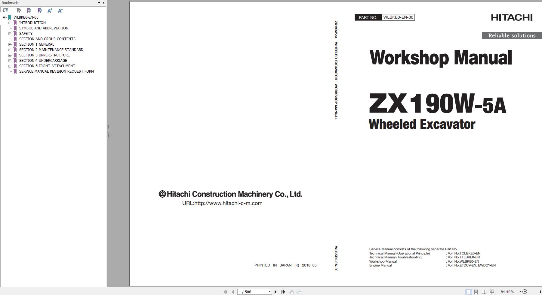 Hitachi Wheeled Excavator ZX190W 5A Workshop Manual