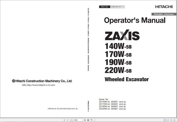 Hitachi Wheeled Excavator ZX190W 5B Operators Manual ENMLBA EN1 3