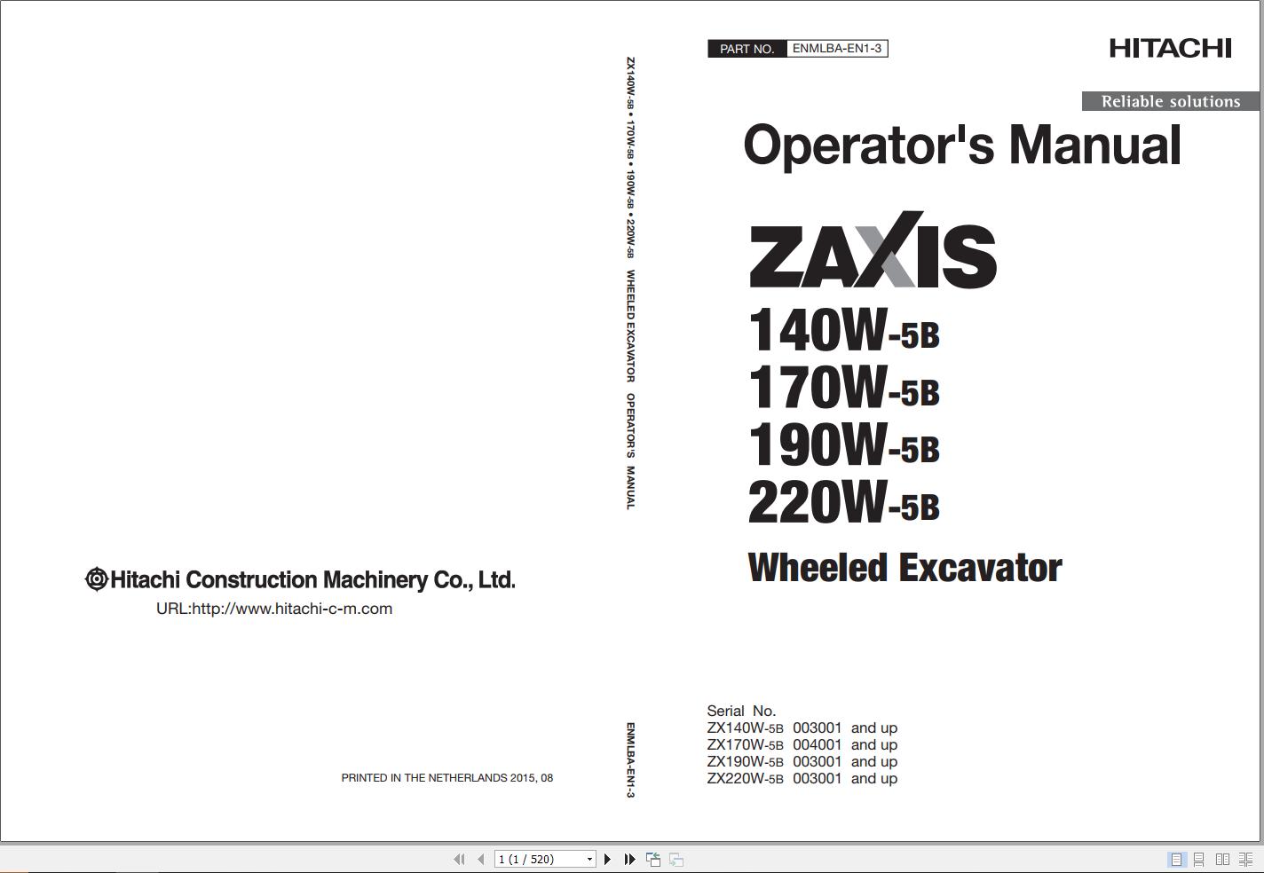 Hitachi Wheeled Excavator ZX190W 5B Operators Manual ENMLBA EN1 3
