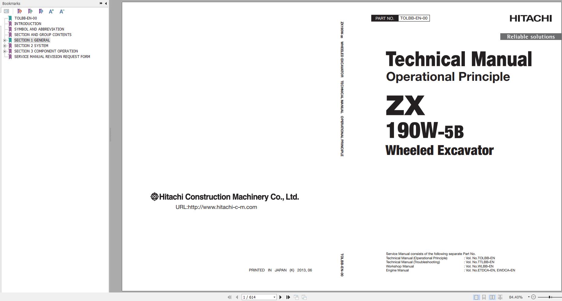 Hitachi Wheeled Excavator ZX190W 5B Technical Manual