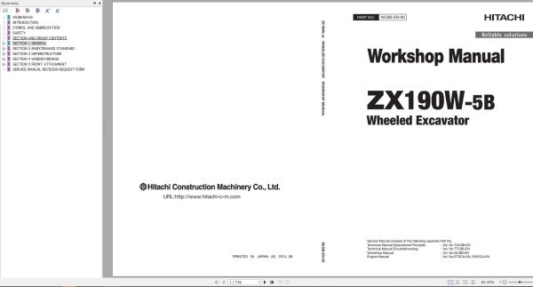 Hitachi Wheeled Excavator ZX190W 5B Workshop Manual