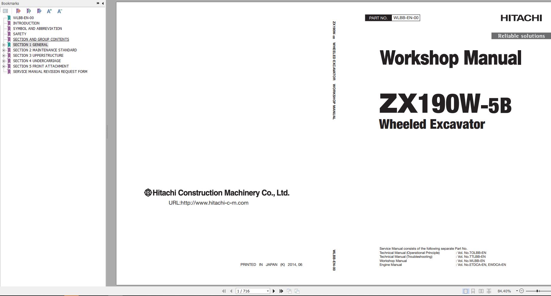 Hitachi Wheeled Excavator ZX190W 5B Workshop Manual