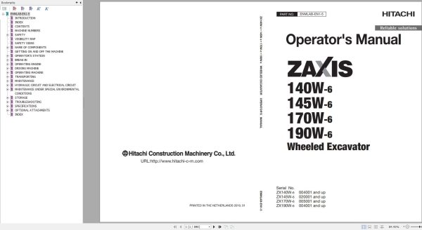 Hitachi Wheeled Excavator ZX190W 6 Operators Manual ENMLAB EN1 5