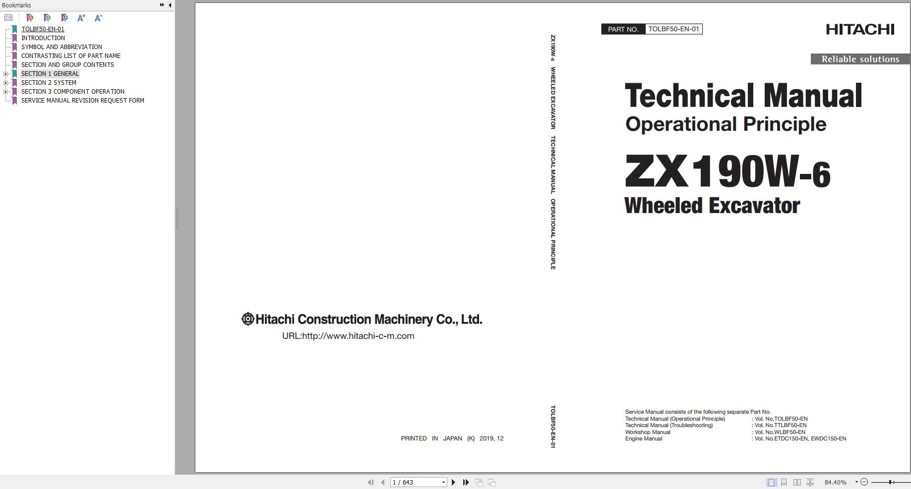 Hitachi Wheeled Excavator ZX190W 6 Technical Manual