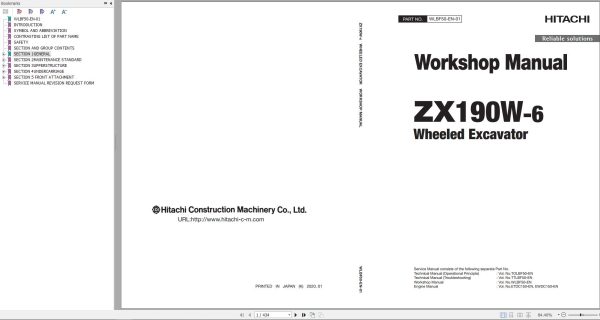 Hitachi Wheeled Excavator ZX190W 6 Workshop Manual