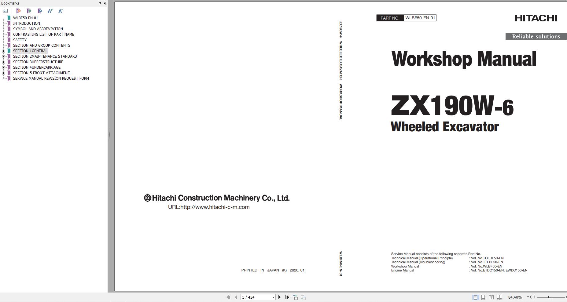 Hitachi Wheeled Excavator ZX190W 6 Workshop Manual