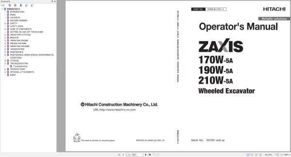 Hitachi Wheeled Excavator ZX210W 5A Operators Manual ENMLBJ CN1 3