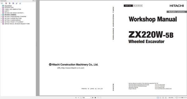 Hitachi Wheeled Excavator ZX220W 5B Workshop Manual WLCA EN 00