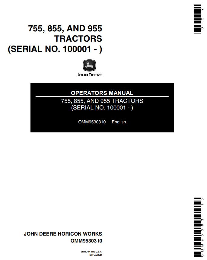John Deere Tractors 755 855 955 Operators Manual