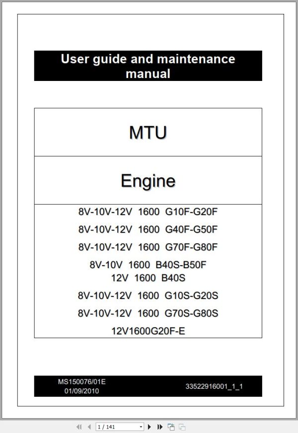 MTU Engine 8V 10V 12V 1600 G10F to G80S User Guide and Maintenance Manual 1
