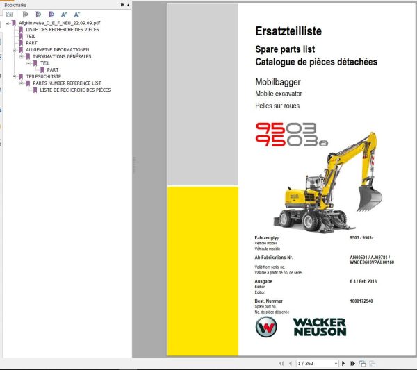 Wacker Neuson Mobile Excavator 9503 9503 2 Spare Parts List EN DE FR