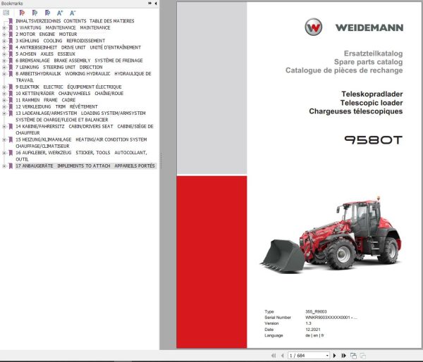 Weidemann Telescopic Loader 9580T Spare Parts Catalog EN DE FR