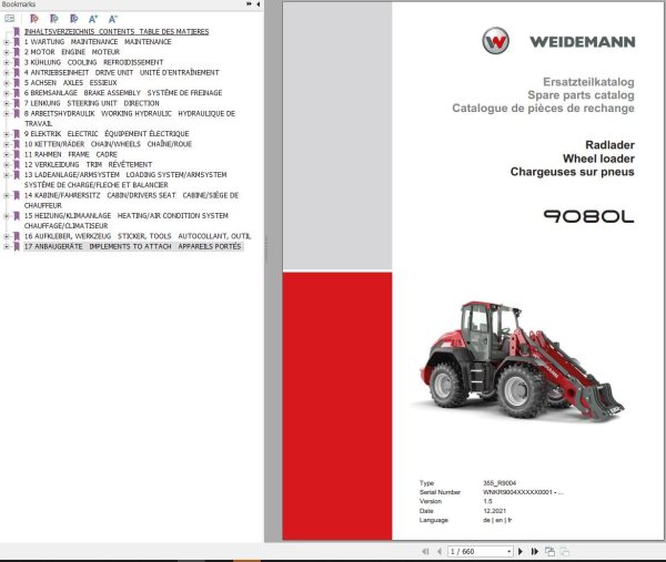 Weidemann Wheel Loader 9080L Spare Parts Catalog EN DE FR