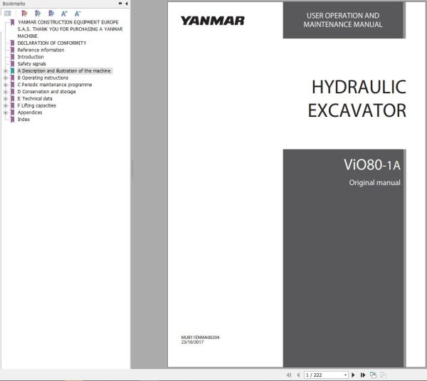 Yanmar Excavator ViO80 1A Operation And Maintenance Manual MUB11ENMA00204