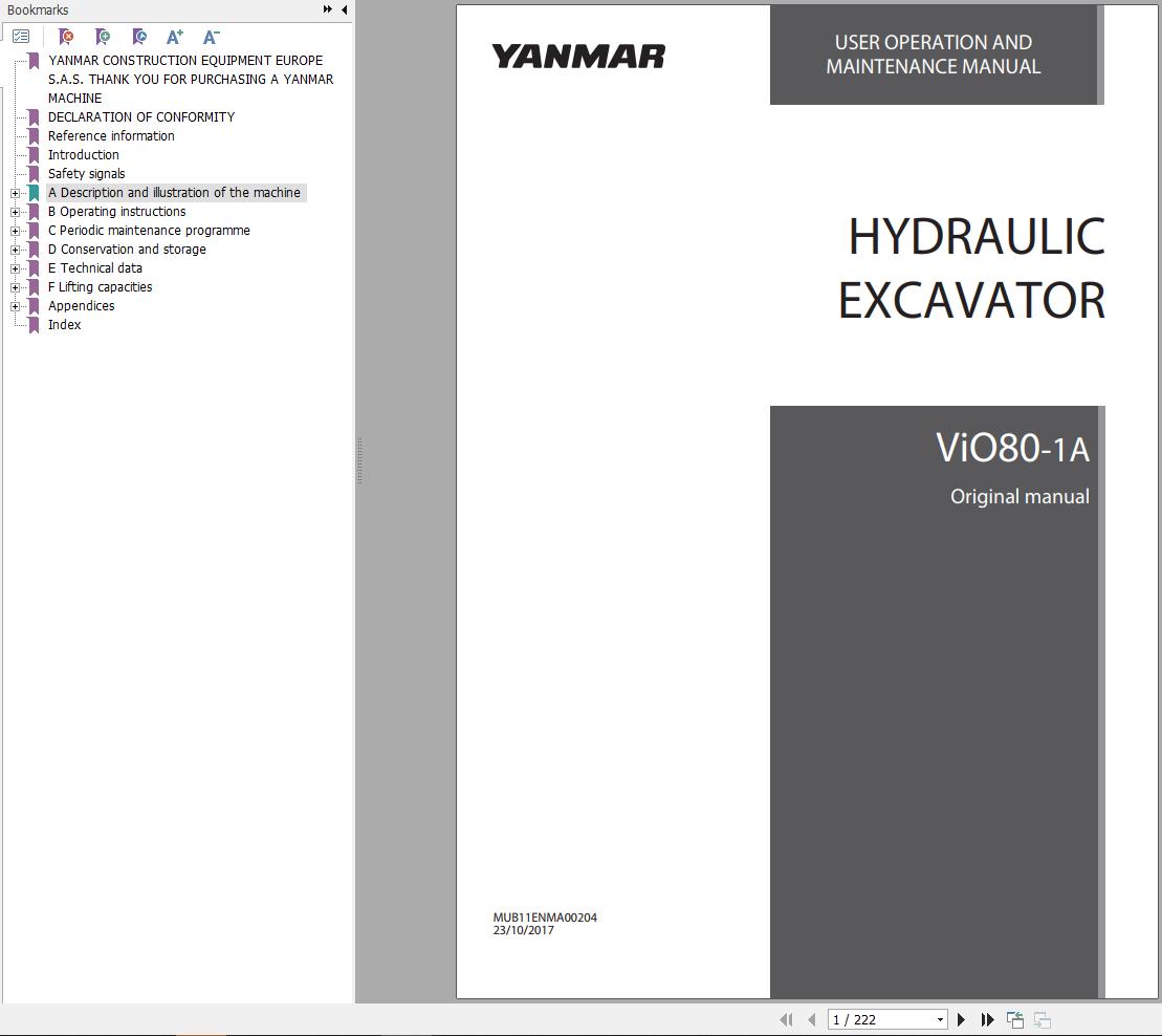 Yanmar Excavator ViO80 1A Operation And Maintenance Manual MUB11ENMA00204