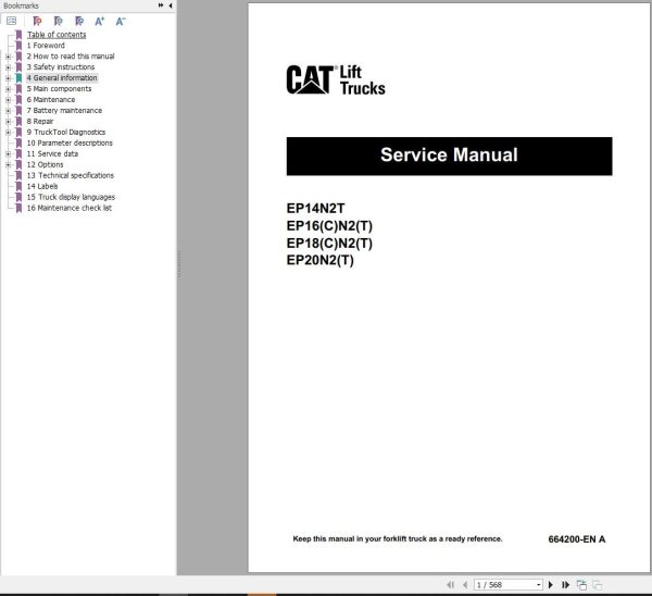 CAT Forklift EP14N2T EP16CN2T EP18CN2T EP20N2T Service Manual 664200 EN A RD2
