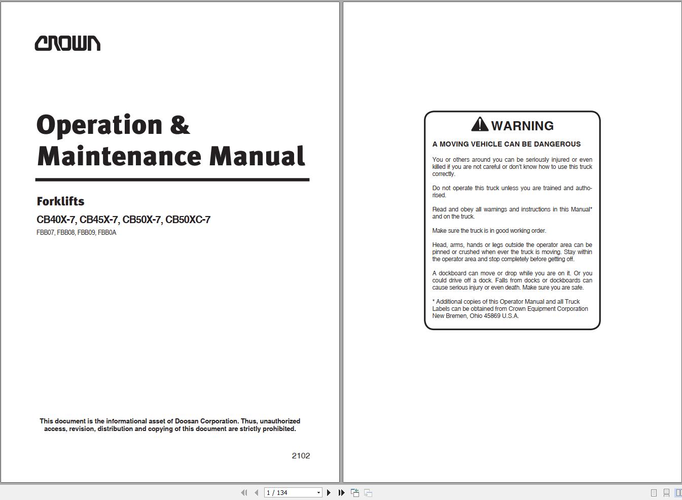 Crown Forklift CB40X 7 CB45X 7 CB50X 7 CB50XC 7 Operation and Maintenance Manual