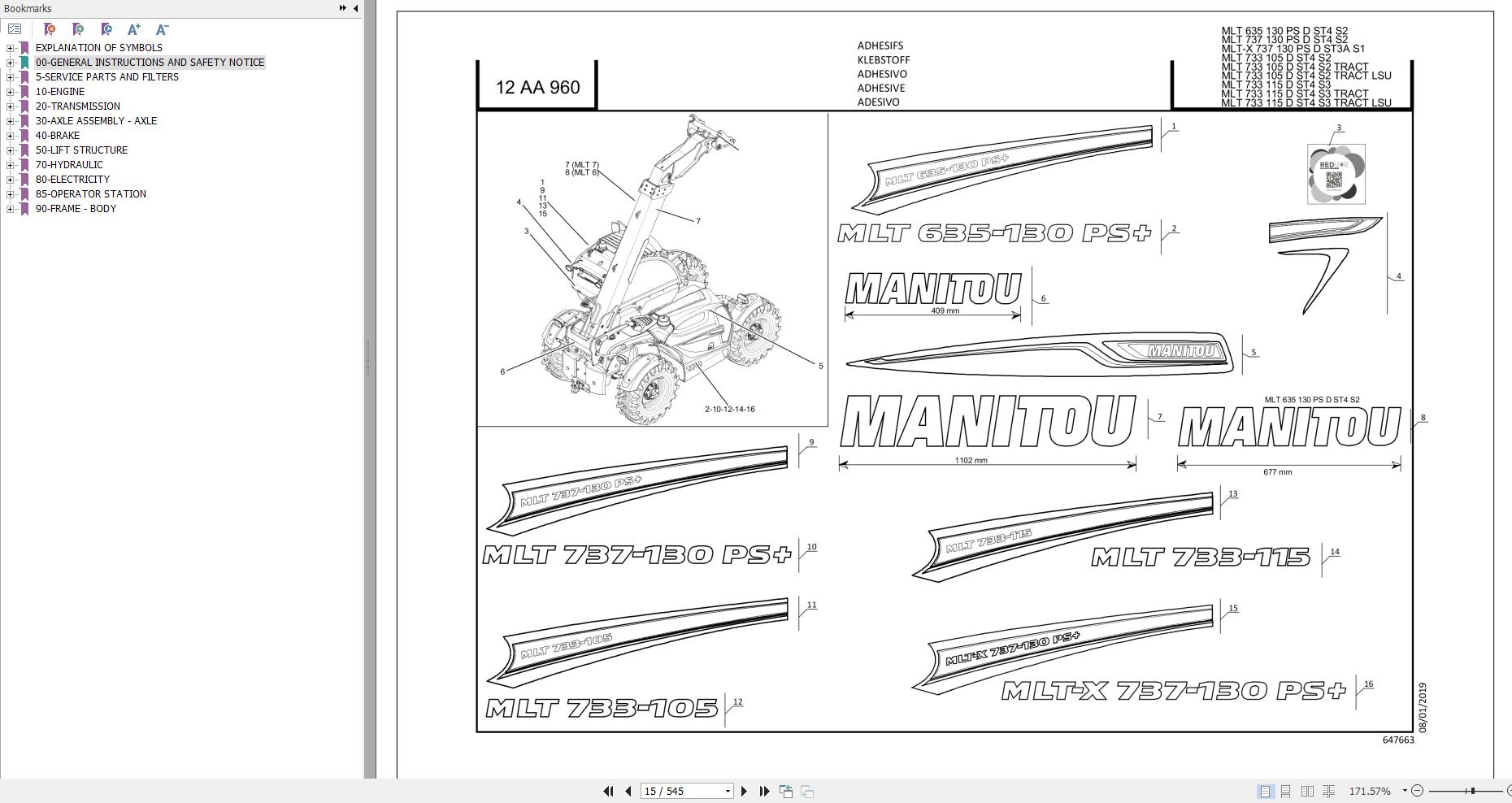 Manitou Telescopic Forklift MLT635 130PS to MLT X737 130PS Parts Catalog 647663