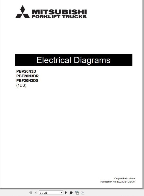 Mitsubishi Forklift PBV20N3D PBF20N3DR PBF20N3DS 1DS Electrical Diagrams