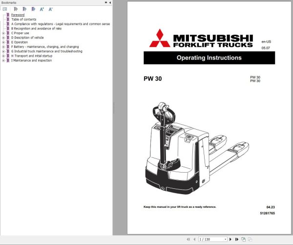 Mitsubishi Forklift PW30 Operation and Maintenance Manual US 51261765