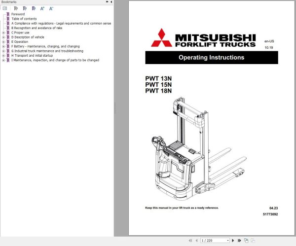 Mitsubishi Forklift PWT13N PWT15N PWT18N Operation and Maintenance Manual US 51773092