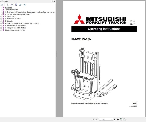 Mitsubishi Forklift PWWT15 18N Operation and Maintenance Manual US 51595800