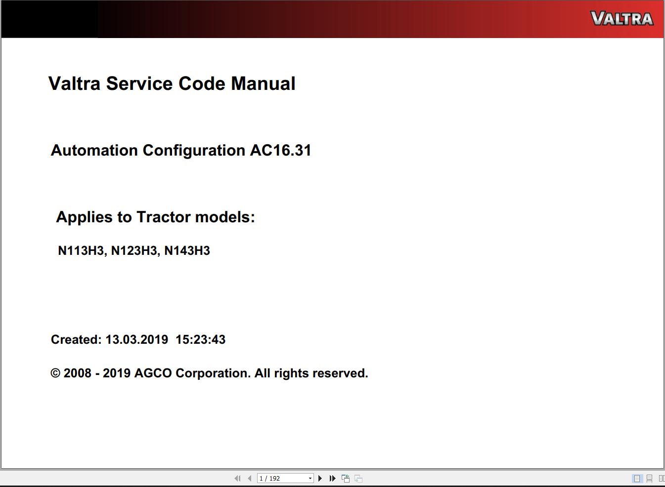 Valtra Automation Configuration AC16.31 Service Code Manual