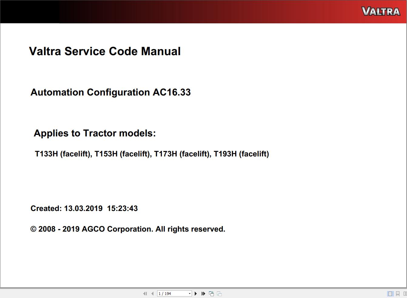 Valtra Automation Configuration AC16.33 Service Code Manual