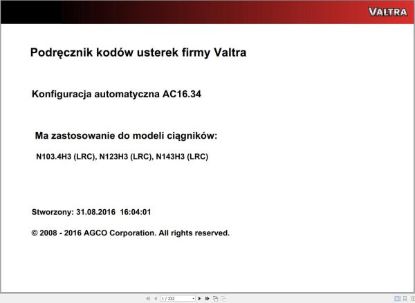 Valtra Automation Configuration AC16.34 Service Code Manual PL