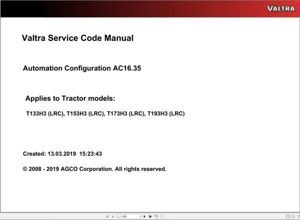 Valtra Automation Configuration AC16.35 Service Code Manual