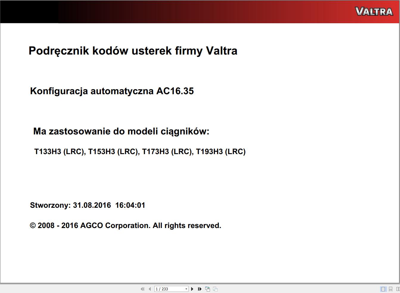 Valtra Automation Configuration AC16.35 Service Code Manual PL