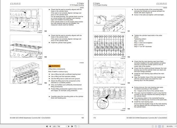 Claas Cummins Engine B6.7 CM2670 B164C Repair Manual 00 0306 525 0 2