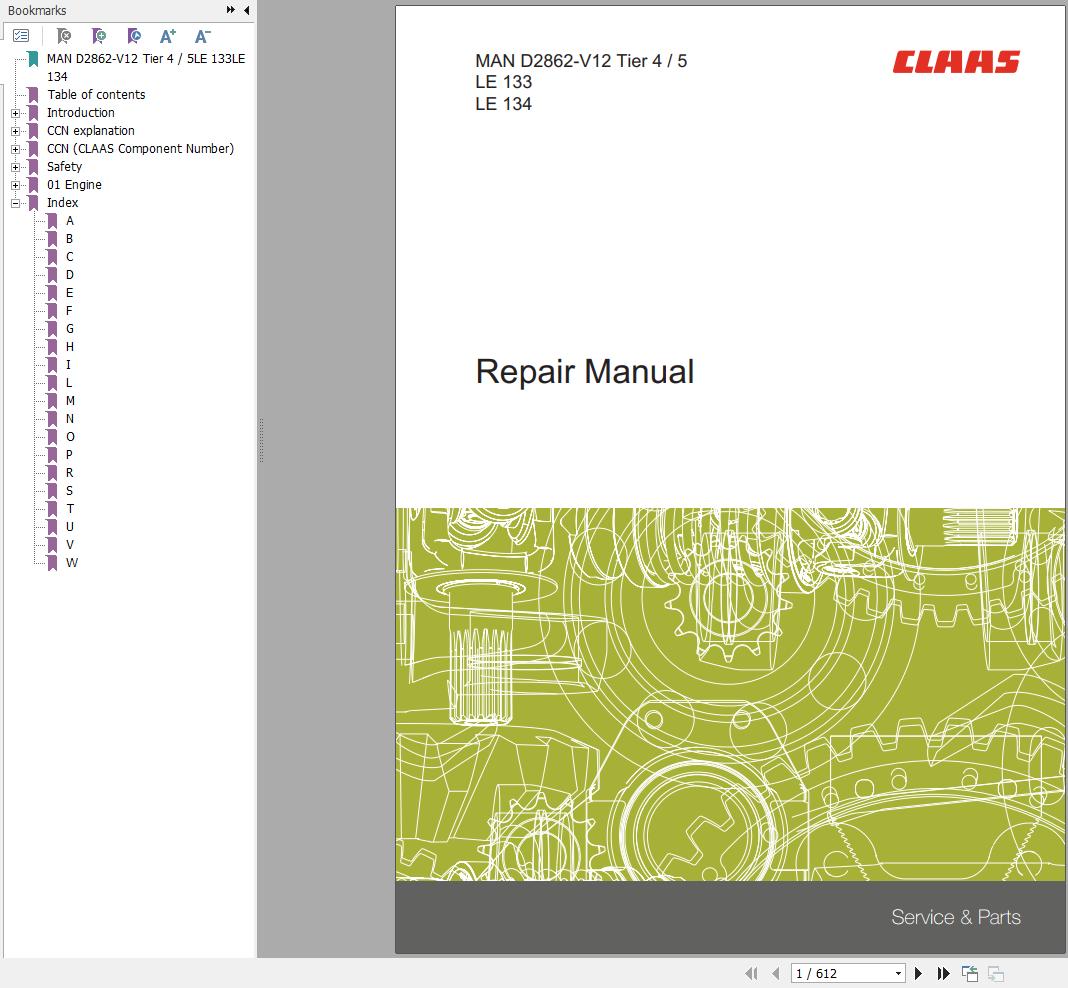 Claas MAN Engine D2862 V12 Tier 4 5 LE133 LE134 Repair Manual 00 0288 987 2