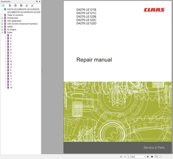 Claas MAN Engine D4276 LE121B to D4276 LE122D Repair Manual 00 0303 462 1