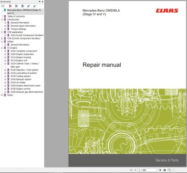 Claas Mercedes Benz Engine OM936LA Stage IV and V Repair Manual 00 0301 540 1