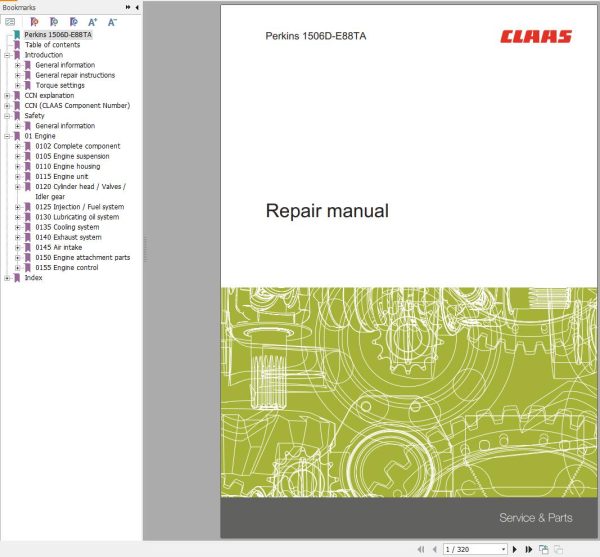 Claas Perkins Engine 1506D E88TA Repair Manual 00 0302 334 0