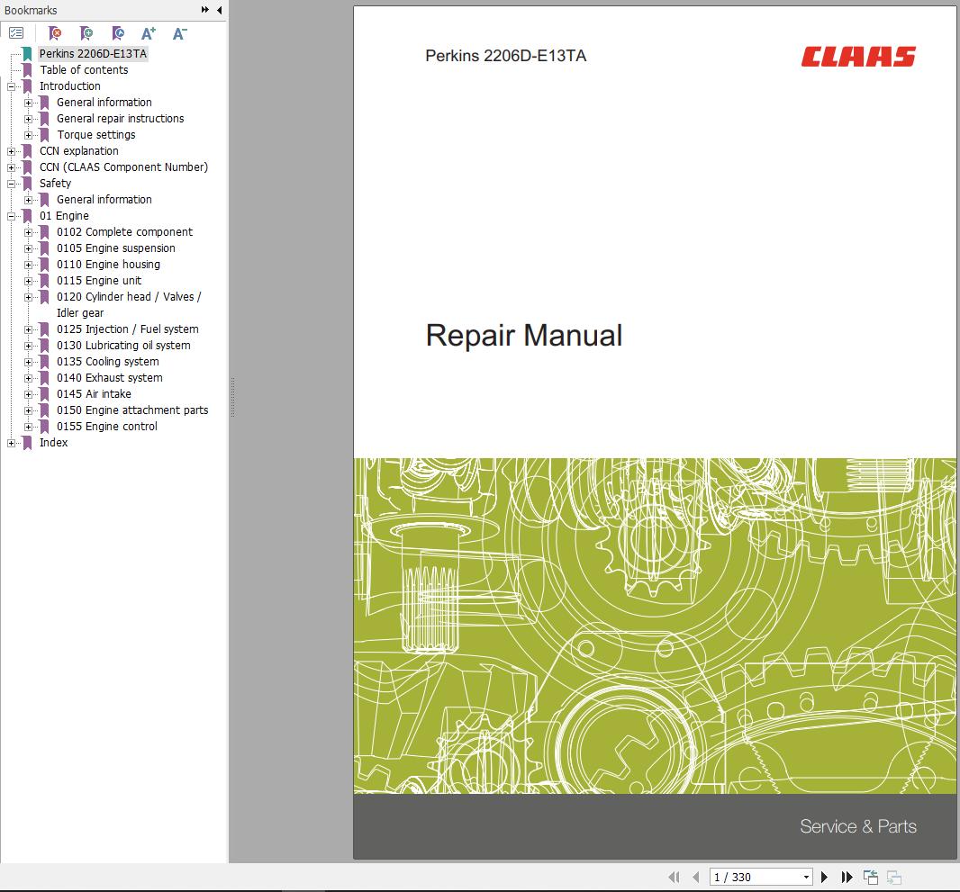 Claas Perkins Engine 2206D E13TA Repair Manual 00 0288 705 0
