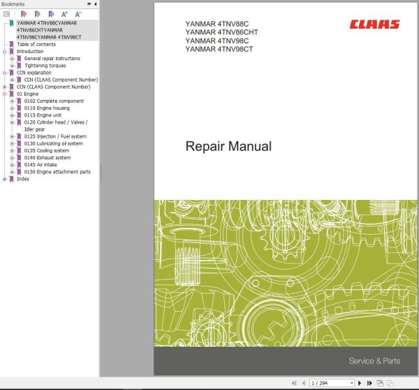 Claas Yanmar Engine 4TNV88C 4TNV86CHT 4TNV98C 4TNV98CT Repair Manual 00 0302 520 2